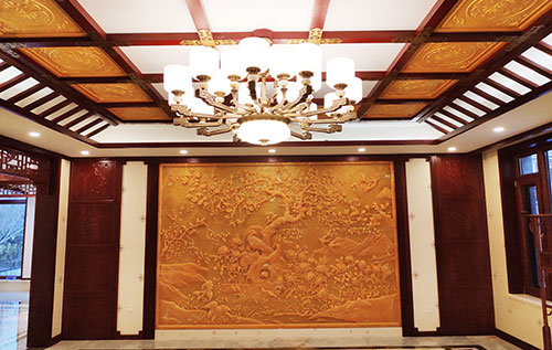 永登中式别墅客厅中式木作横梁吊顶装饰展示